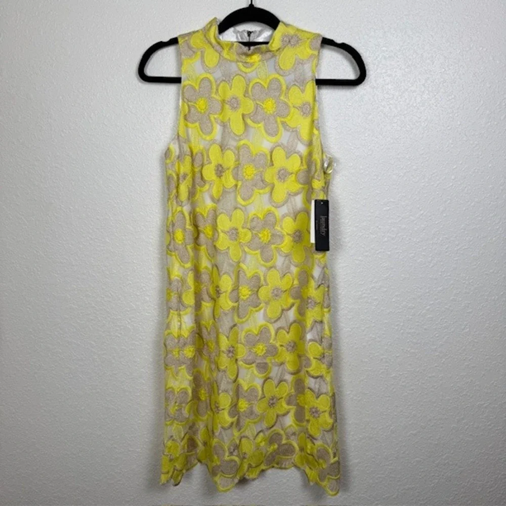 NWT Laundry by Shelli Segal Sunray Dress Floral Embroidery Yellow Taupe White 8‎